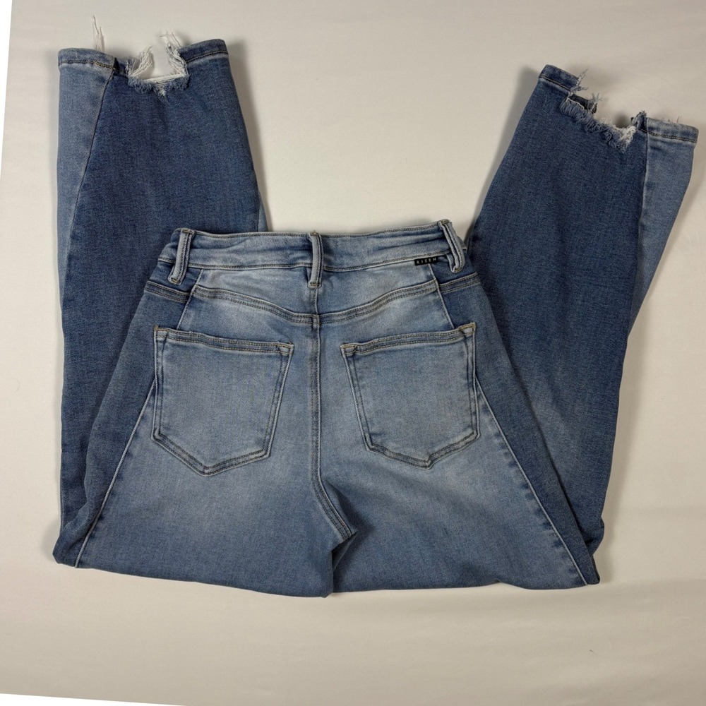 Risen Jeans Womens Two Tone High Rise Straight Leg Raw Step Hem Blue Denim 25